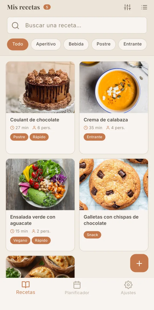 La lista de recetas de Cookfolio con búsqueda y filtros por categoría.