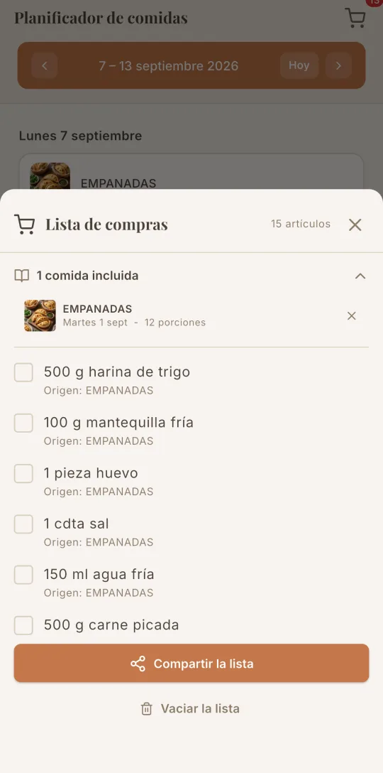 La lista de la compra de Cookfolio, generada a partir de las comidas planificadas.