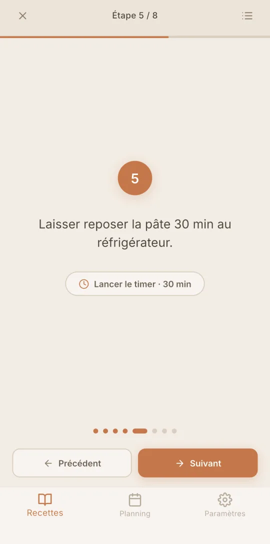 Le mode cuisine de Cookfolio affichant une étape en grand avec un minuteur.