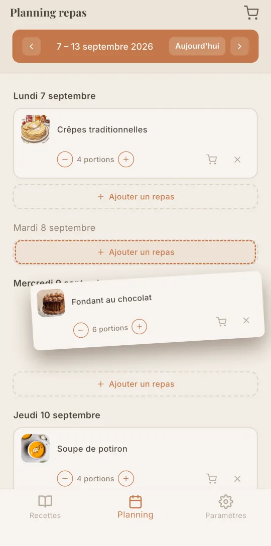 Le planning hebdomadaire de Cookfolio avec les repas par jour.