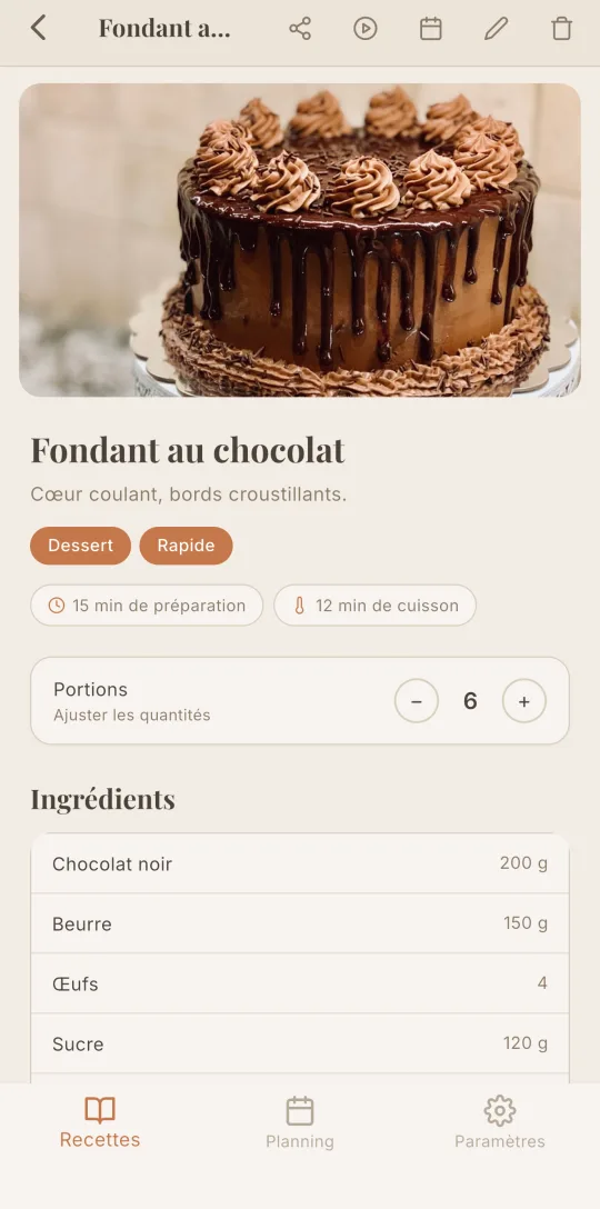 La fiche d'une recette dans Cookfolio avec le réglage des portions.