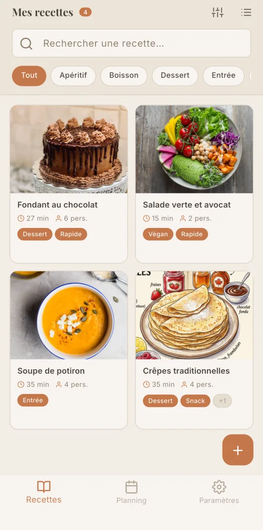La liste des recettes de Cookfolio avec recherche et filtres par catégorie.