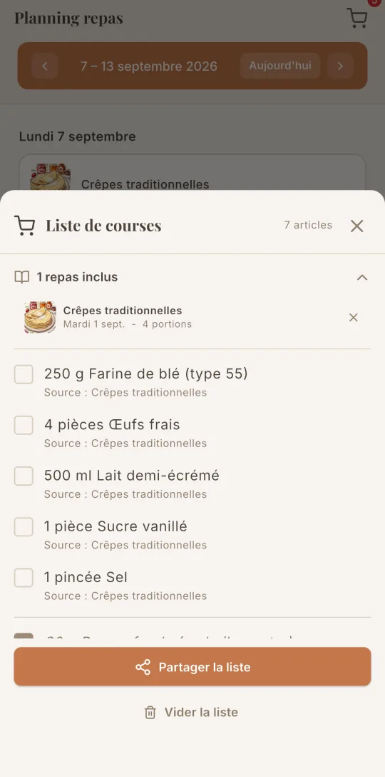 La liste de courses de Cookfolio, générée depuis les repas du planning.