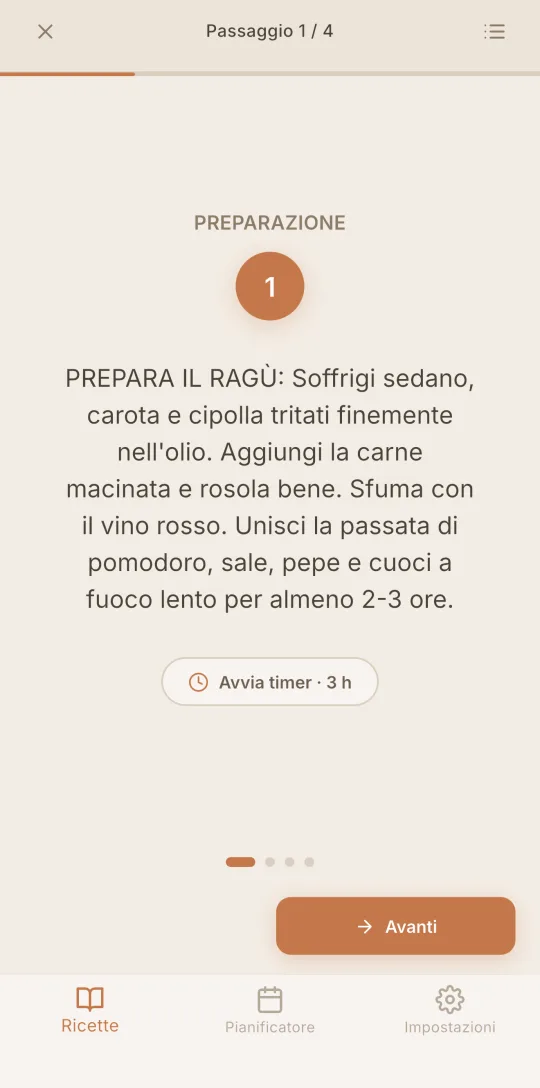 La modalità cucina di Cookfolio che mostra un passaggio in grande con un timer.