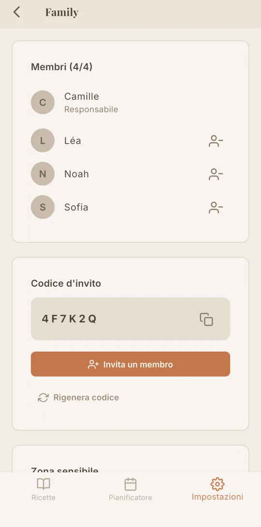 La schermata Family di Cookfolio: i membri della casa e il codice d'invito.