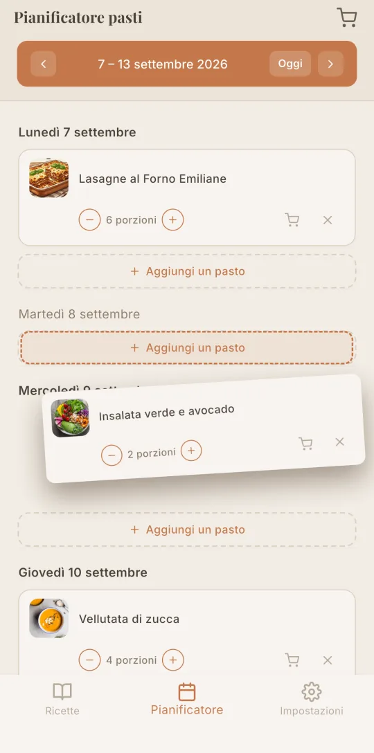 Il planning settimanale di Cookfolio con i pasti per giorno.