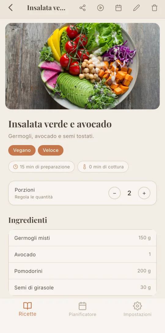 La scheda di una ricetta in Cookfolio con la regolazione delle porzioni.