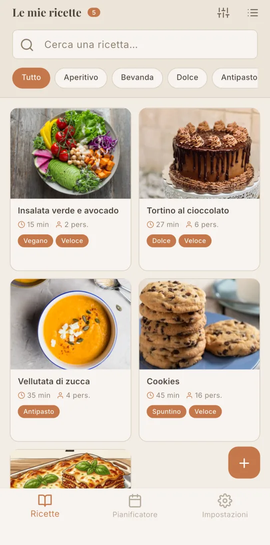 L'elenco delle ricette di Cookfolio con ricerca e filtri per categoria.