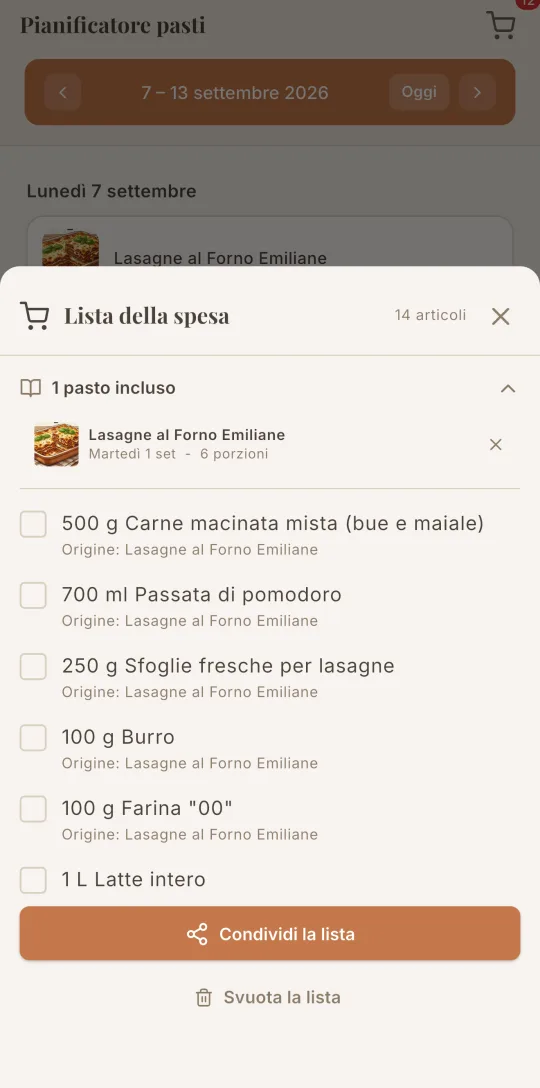 La lista della spesa di Cookfolio, generata dai pasti pianificati.