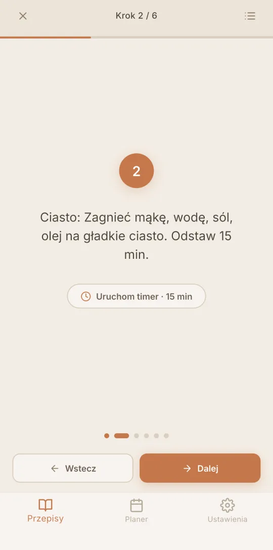Tryb gotowania w Cookfolio pokazujący jeden krok dużą czcionką z minutnikiem.