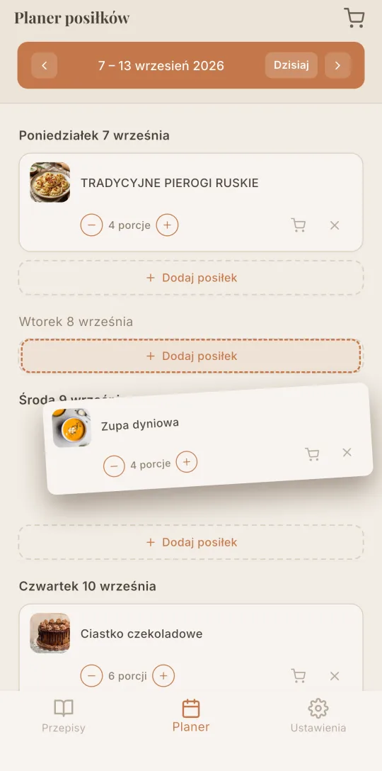 Tygodniowy planer w Cookfolio z posiłkami na poszczególne dni.