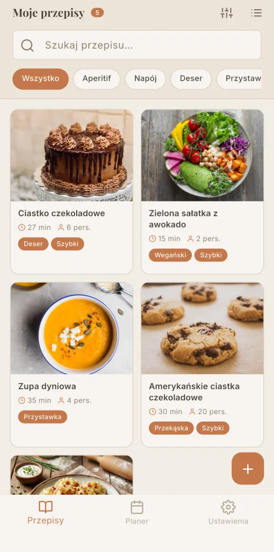 Lista przepisów w Cookfolio z wyszukiwaniem i filtrami po kategoriach.