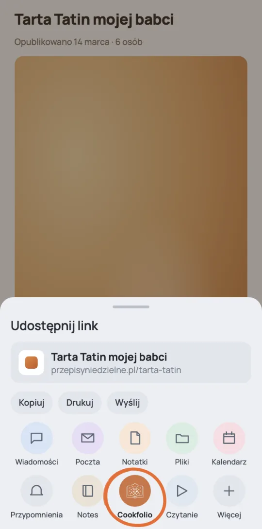 Panel udostępniania w telefonie, z zakreślonym Cookfolio wśród aplikacji.