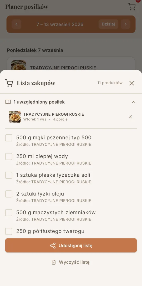 Lista zakupów w Cookfolio, wygenerowana z zaplanowanych posiłków.